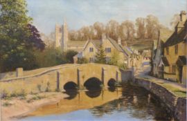 Bernard Willington oil on canvas Castle Combe Cotswold village scene, signed lower left, 39 x 60cm