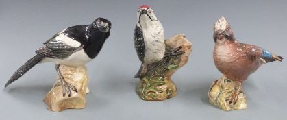 Three Beswick birds comprising magpie, jay and woodpecker, tallest 14cm