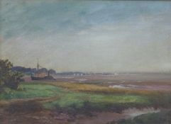 John Shapland (1865-1929) oil on canvas of beached steam ship in estuary, possibly Woodbury on the
