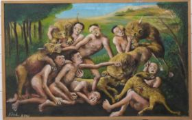 1960s acrylic on canvas, group of men fighting off a pack of animals, initialled and dated AFV