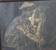 In manner of Kyffin Williams, charcoal drawing of miner at work, 62 x 70cm, framed and glazed