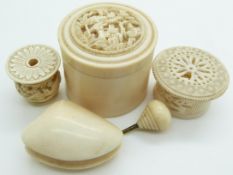 19thC carved ivory oyster shell with figural decoration and signature to base, and three late