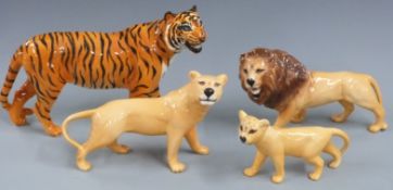 Beswick large tiger, lion, lioness and a cub
