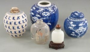Three Chinese ginger jars, one with six character mark to base, a reverse painted glass scent bottle