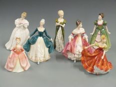 Seven Royal Doulton figurines including Debbie, Gemma, Southern Belle etc