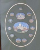 A set of 19thC Indian watercolour miniatures of palaces / forts, probably Grand Tour, mounted in