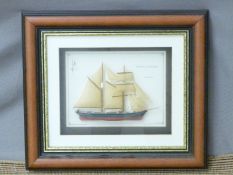 A framed model of a schooner, 35 x 40cm