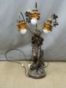 An ornate figural three branch lamp, H81cm