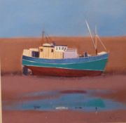 Possibly Cornish acrylic on board of a boat beside a quay at low tide, indistinctly signed lower