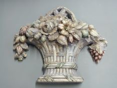 A continental painted cast sculpture of a basket of flowers, free standing or hanging, H45, W49cm