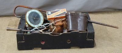 Vintage miner's lamp, two pairs of binoculars, Arts and Crafts copper shovel, Shire horse harness,