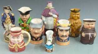 Nine Toby character jugs etc including musical, large 19thC example, Nelson, Cardinal etc
