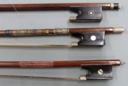 Three round stick violin bows, one with Parisian eye by Bausch, weights 45g, 52g and 57g