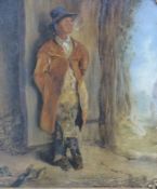 19thC oil on panel man leaning on a door smoking a clay pipe, 28 x 24cm, in ornate gilt frame