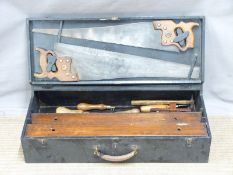 A vintage woodworking/carpenter's chest with fitted interior and a few tools including chisels,