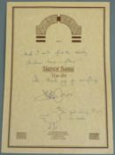 Dudley Moore autographed wine list with amusing anecdote and drawing of a chicken, 30 x 21cm