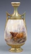 Royal Worcester Harry Stinton twin handled pedestal vase with decoration of Highland Cattle in a