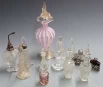 Thirteen various scent bottles including a hallmarked silver mounted atomiser and a Venetian