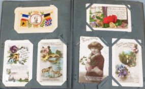 Edwardian and onwards postcard album containing approximately 180 postcards to include WWI, hand-