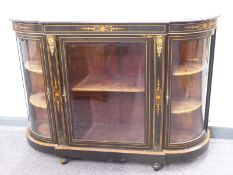 Victorian ebonised breakfront glazed credenza with brass/ormolu mounts and bowed glass doors
