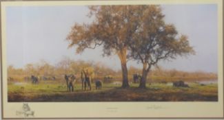 David Shepherd, limited edition (1051/1500) print 'Luangwa Evening', 30 x 67cm, framed and glazed