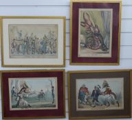 William Heath (1795-1840): Four framed 19thC hand-coloured satirical etchings. Subjects include 'The