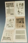 Six engravings depicting the process of producing playing cards including etching, cutting and
