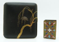 Japanese cigarette case with gilt decoration of an egret and an enamel matchbox holder