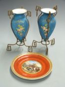 A pair of Arts and Crafts amphora style vases and a Prattware plate