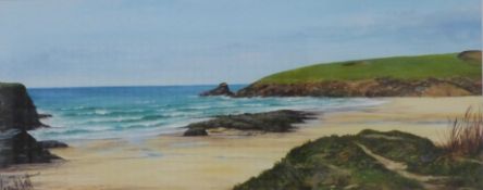 Kevin Platt (b.1945) print 'Trevone Bay' Cornish coastal scene, 16 x 38cm, framed and glazed