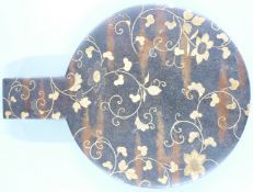 Early 20thC Japanese polished steel mirror with bird decoration verso, in fitted lacquer case