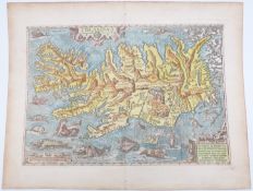 Abraham Ortelius (1527-1598, Brabantian) 16thC map of Iceland, 'Illustriss.AC. Potentiss. Regi