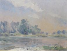 Continental school Impressionist landscape of house by a river, indistinctly signed lower right,