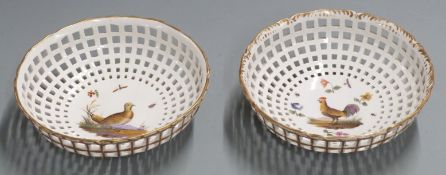 A pair of 19th/20thC continental pierced pedestal baskets with bird decoration, diameter 16cm H5cm