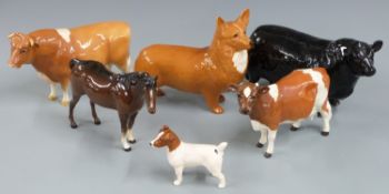 Beswick large Corgi, Jack Russell, horse, Ayrshire, Aberdeen Angus and Guernsey cattle