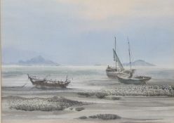 Watercolour calm seascape with three fishing boats on beach, 27 x 36cm, framed and glazed