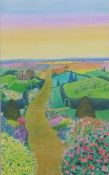 Helen Pollock acrylic 'The Gentle Days of Summer', garden with extensive landscape beyond, signed