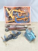 A large vice, two jacks including 35 tonne, very large clamps etc