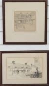 Frank Patterson (British 1871-1952): Two pen and ink cycling related drawings 'Courtyard of The