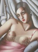 Art Deco style risqué oil on board portrait of a lady, monogrammed lower right LB, 61 x 46cm