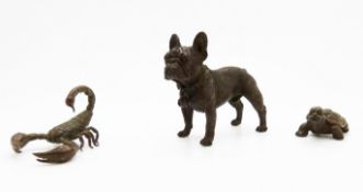 Two Japanese bronzes, one of a tortoise (mark to base) and one a scorpion and another bronze of a