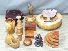 Treen items including a turned dish, probably sycamore, laburnum vase, boxes, musical German