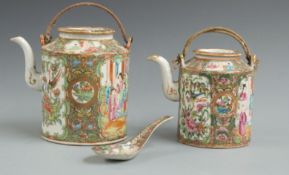 Two 20thC Chinese famille rose tea pots and a famille rose broth spoon, largest 17cm tall