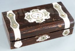 Metal and faux ivory bound playing card box with central panel depicting playing cards, opening to