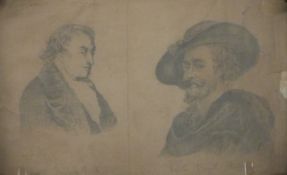 Pencil drawing of Turner and Rubens in carved wood frame