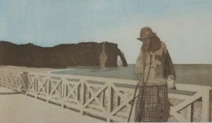Alison Kennedy signed limited edition (53/95) print of a lady on the seafront, 13 x 37cm