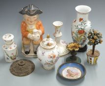 A 19thC covered Toby jug, continental porcelain including Dresden, Meissen candlestick with