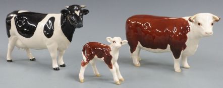 Beswick Friesian and Hereford cows and a Hereford calf