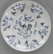 Chinese blue and white dish decorated with fruit and foliage, with six character Kangxi mark to
