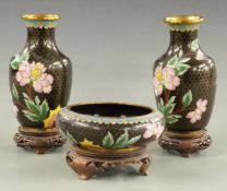 A pair of Chinese cloisonné enamel vases decorated with butterflies (19.5cm tall) and a similar